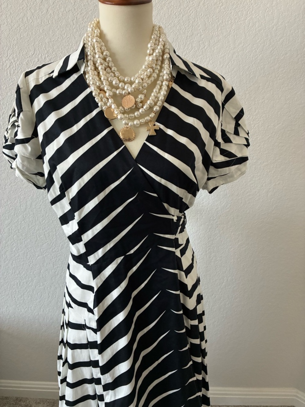 Black & White Striped Wrap Midi Dress